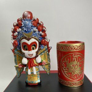 🆕️King Buddhist Statue Red Sun Monkey w/Incense Cup NIB